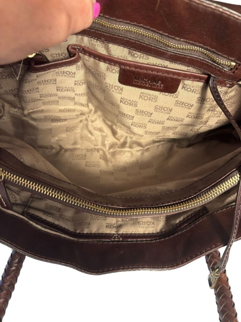 Vintage Rare Michael Kors Brown Leather Satchel Bag Braided Handles & Brass - Picture 15 of 16